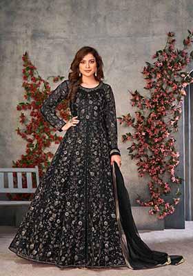 Black Embroidered Net Anarkali Set With Dupatta