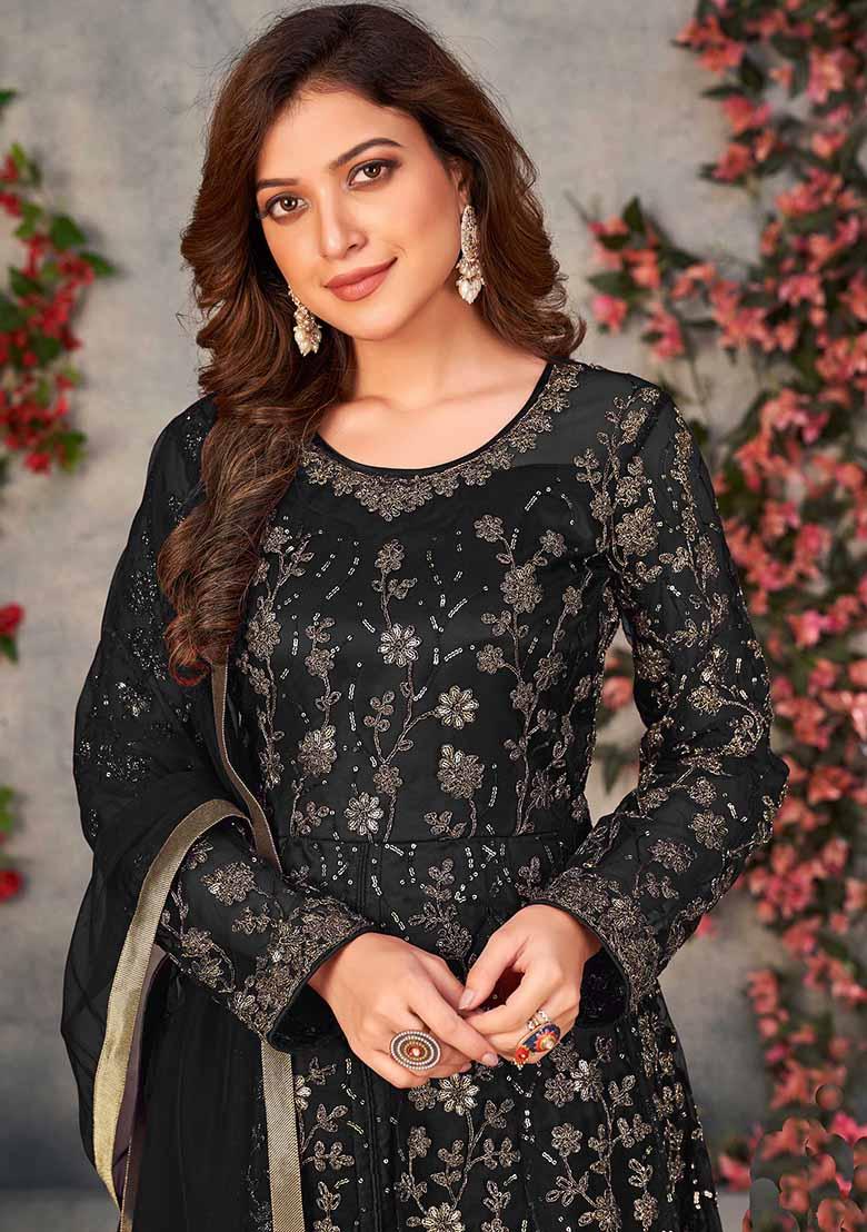 Black Embroidered Net Anarkali Set With Dupatta