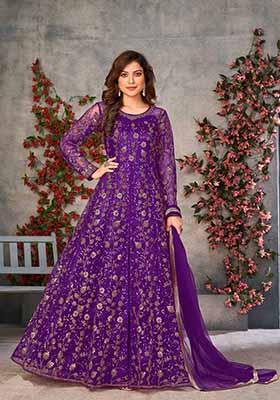 Purple Embroidered Net Anarkali Set With Dupatta