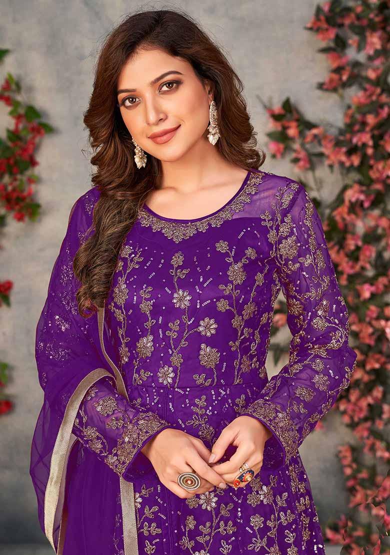 Purple Embroidered Net Anarkali Set With Dupatta