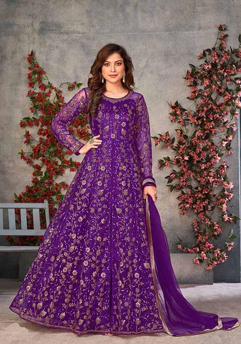 Purple Embroidered Net Anarkali Set With Dupatta