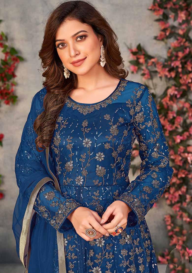 Blue Embroidered Net Anarkali Set With Dupatta