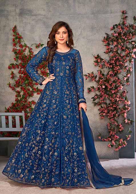 Blue Embroidered Net Anarkali Set With Dupatta
