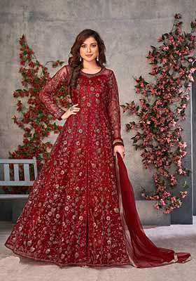 Maroon Embroidered Net Anarkali Set With Dupatta