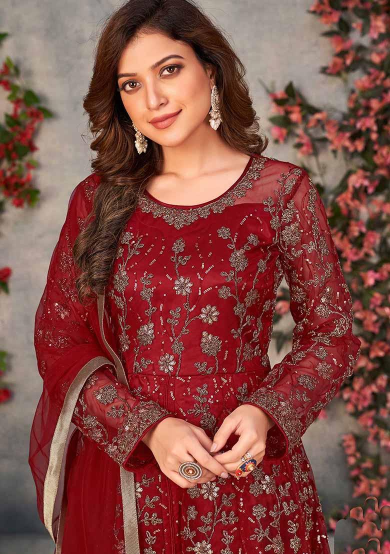 Maroon Embroidered Net Anarkali Set With Dupatta