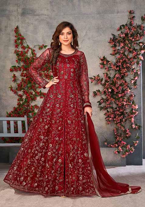 Maroon Embroidered Net Anarkali Set With Dupatta