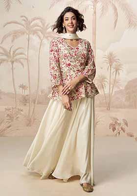 Cream Embroidered Chinnon Silk Palazzo Set With Dupatta
