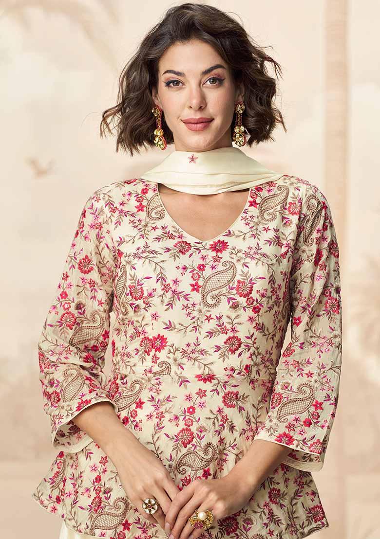 Cream Embroidered Chinnon Silk Palazzo Set With Dupatta
