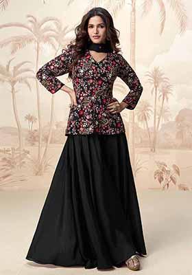 Black Embroidered Chinnon Silk Palazzo Set With Dupatta
