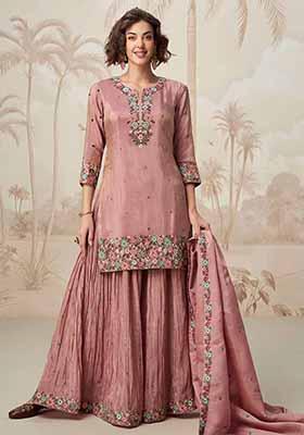 Mauve Embroidered Organza Palazzo Set With Dupatta