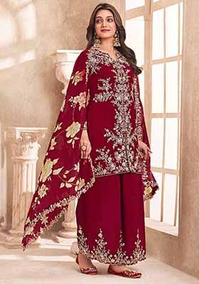Maroon Embroidered Silk Palazzo Set With Dupatta