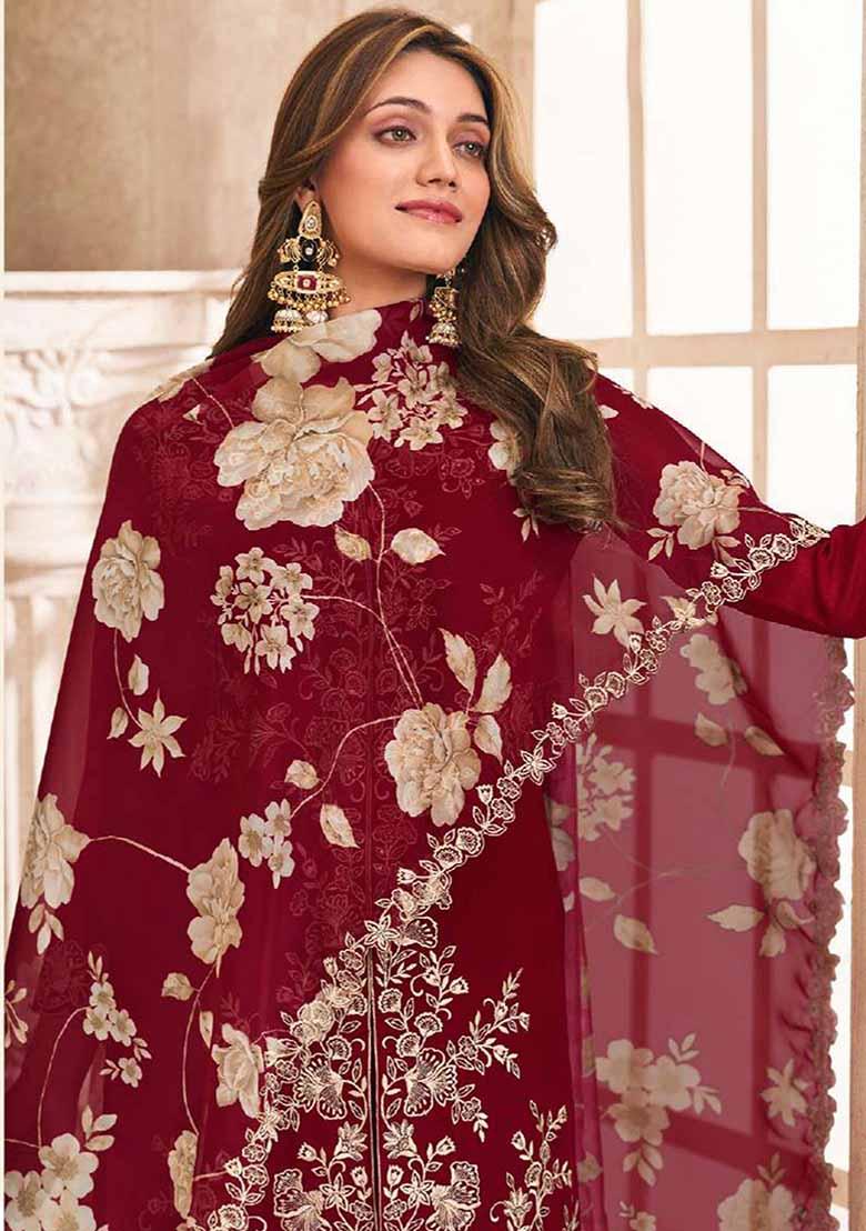 Maroon Embroidered Silk Palazzo Set With Dupatta