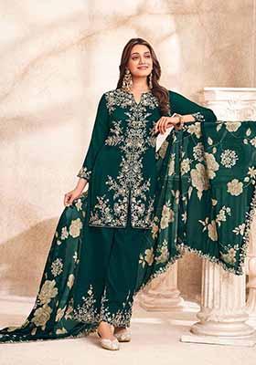 Teal Green Embroidered Silk Palazzo Set With Dupatta