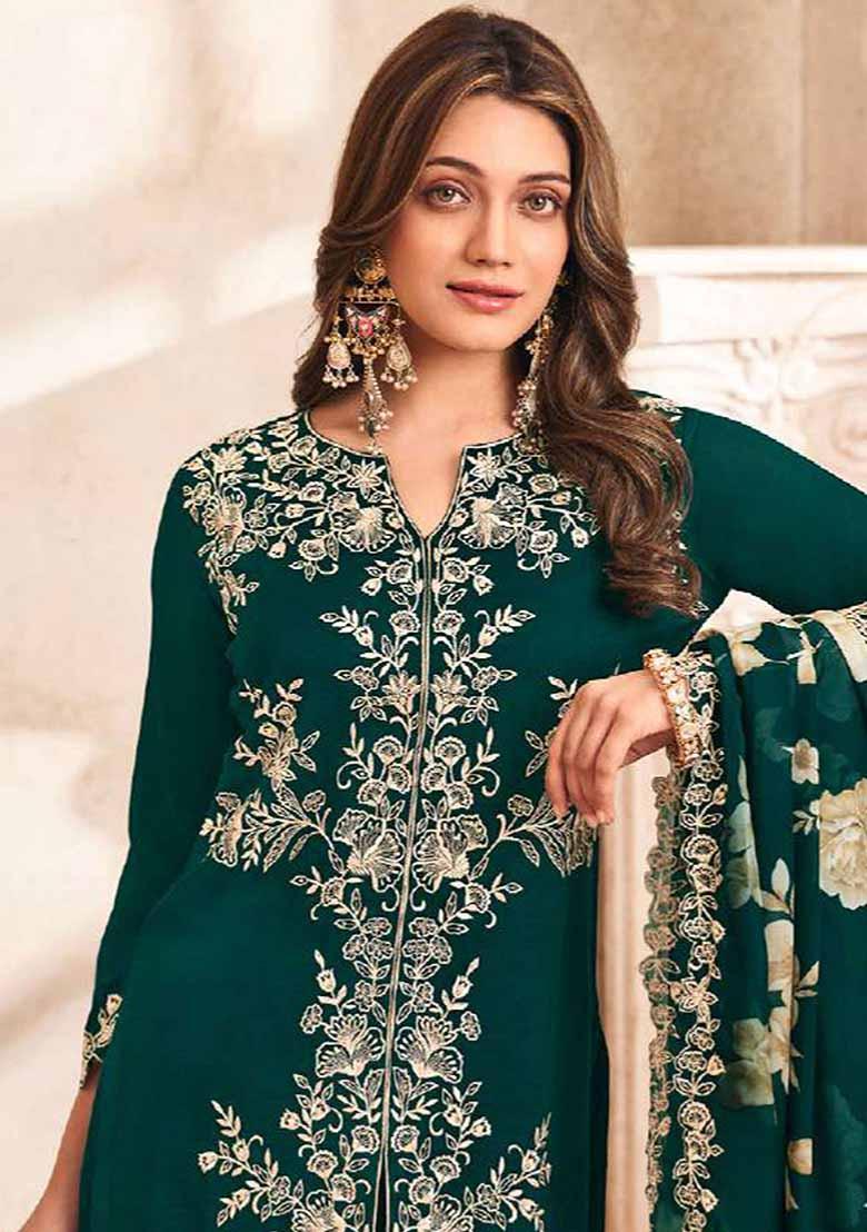 Teal Green Embroidered Silk Palazzo Set With Dupatta