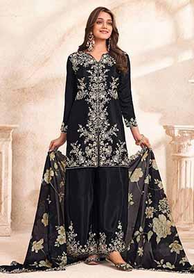 Black Embroidered Silk Palazzo Set With Dupatta