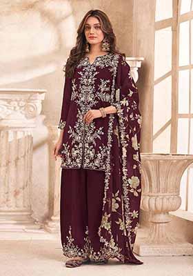 Wine Embroidered Silk Palazzo Set With Dupatta