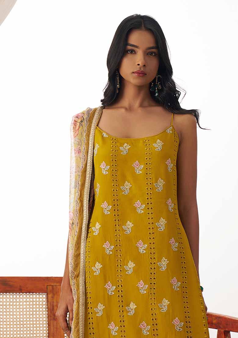 Mustard Yellow Embroidered Organza Salwar Kameez With Dupatta