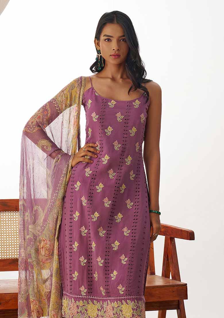 Lilac Embroidered Organza Salwar Kameez With Dupatta