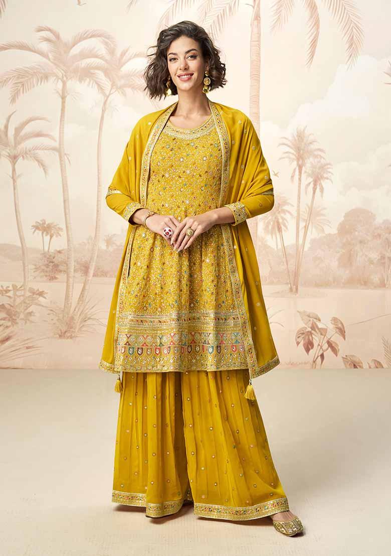 Mustard Yellow Embroidered Georgette Palazzo Set With Dupatta