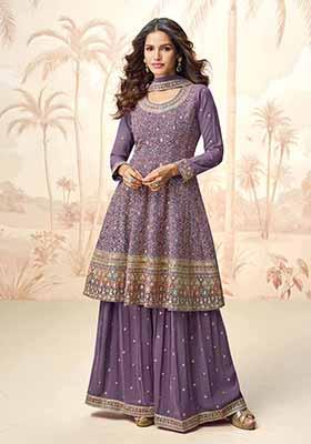 Purple Embroidered Georgette Palazzo Set With Dupatta
