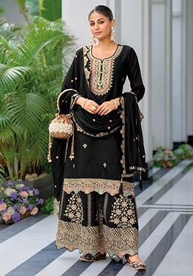 Black Embroidered Chinnon Silk Palazzo Set With Dupatta