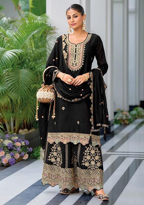 Black Embroidered Chinnon Silk Palazzo Set With Dupatta