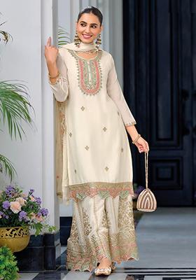 White Embroidered Chinnon Silk Palazzo Set With Dupatta