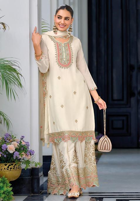White Embroidered Chinnon Silk Palazzo Set With Dupatta