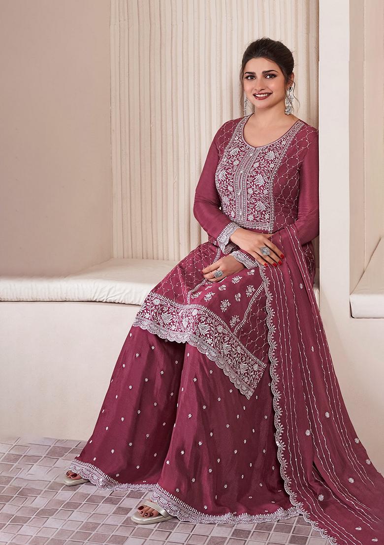 Pink Embroidered Chinnon Silk Palazzo Set With Dupatta