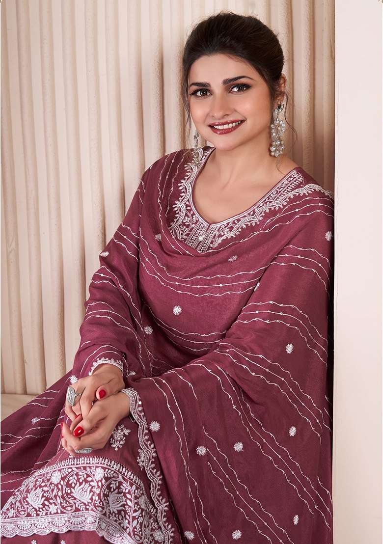 Pink Embroidered Chinon Sharara Set - Indya