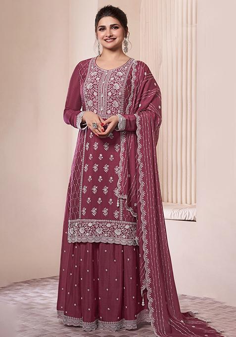 Pink Embroidered Chinnon Silk Palazzo Set With Dupatta