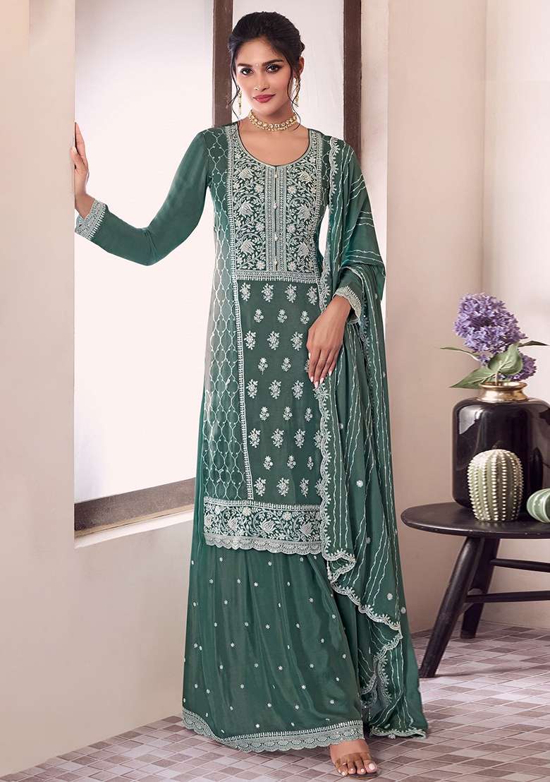 Green Embroidered Chinon Sharara Set - Indya