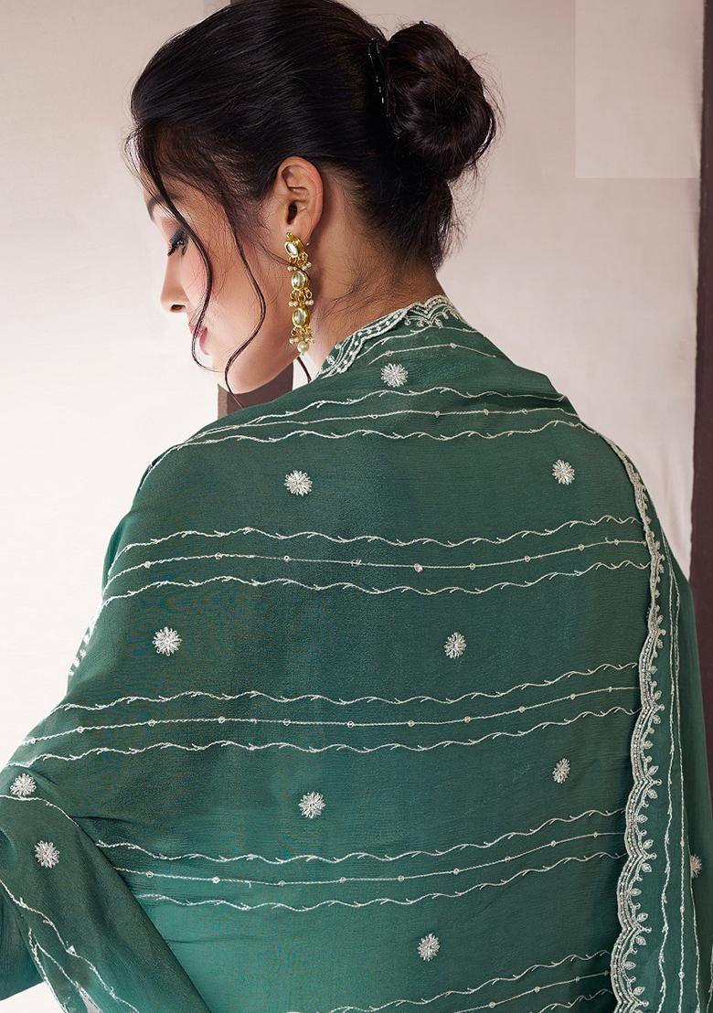 Green Embroidered Chinnon Silk Palazzo Set With Dupatta