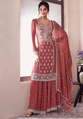 Orange Embroidered Chinnon Silk Palazzo Set With Dupatta