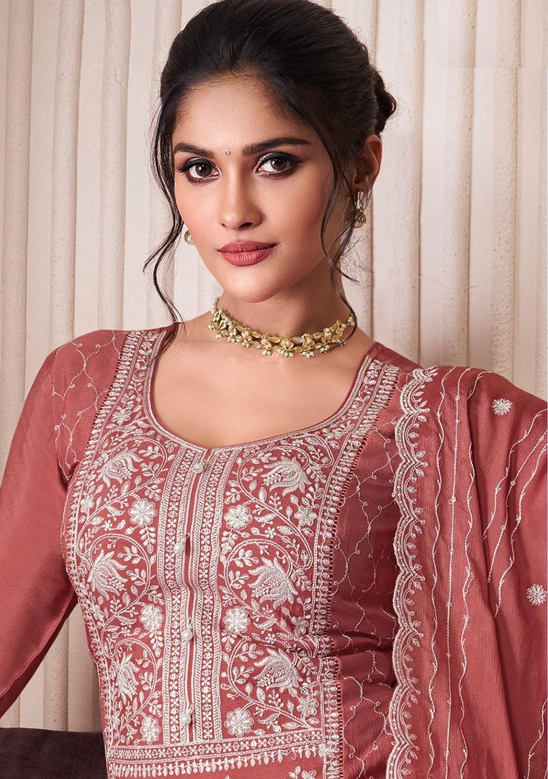 Orange Embroidered Chinnon Silk Palazzo Set With Dupatta