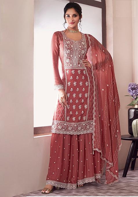 Orange Embroidered Chinnon Silk Palazzo Set With Dupatta