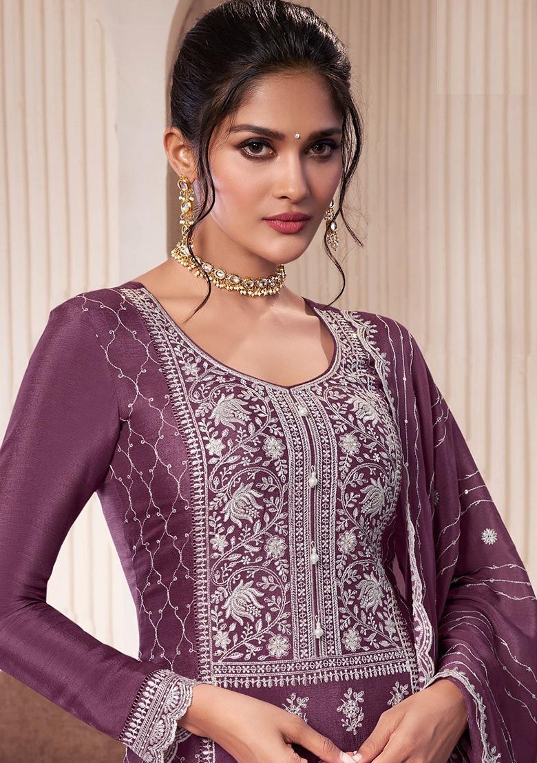 Lavender Embroidered Chinnon Silk Palazzo Set With Dupatta