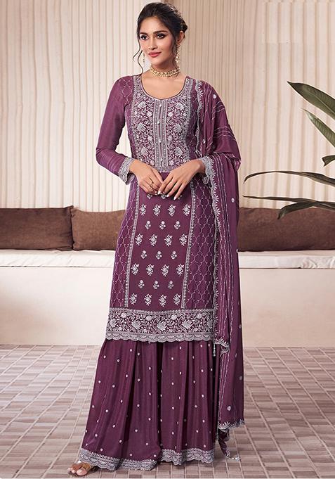 Lavender Embroidered Chinnon Silk Palazzo Set With Dupatta