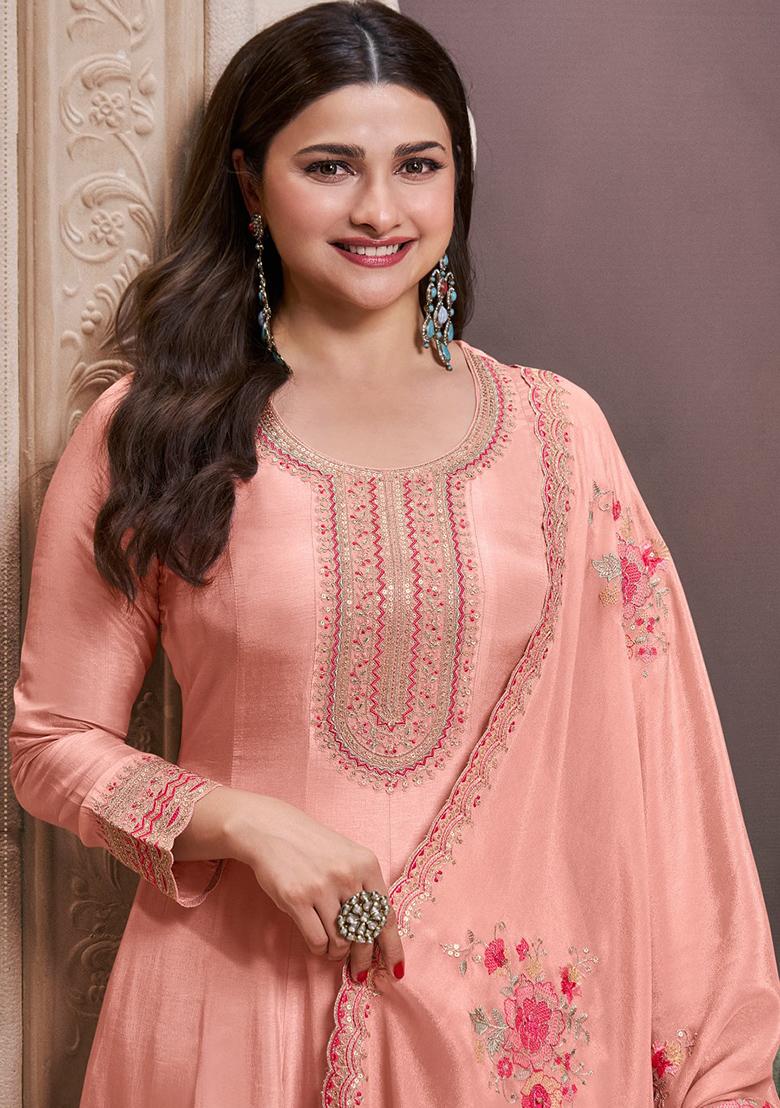 Orange Embroidered Vichitra Silk Anarkali Set With Dupatta