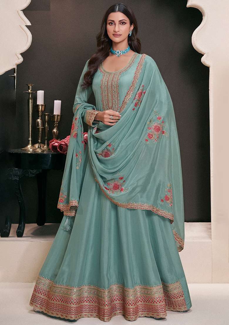 Sky Blue Embroidered Vichitra Anarkali Set - Indya