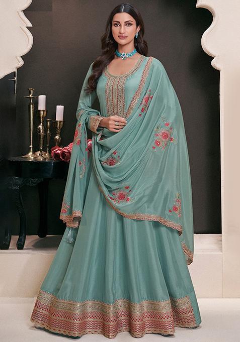 Sky Blue Embroidered Vichitra Silk Anarkali Set With Dupatta