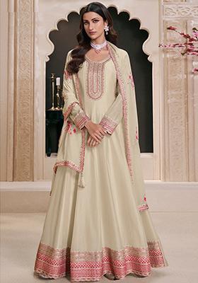 White Embroidered Vichitra Silk Anarkali Set With Dupatta