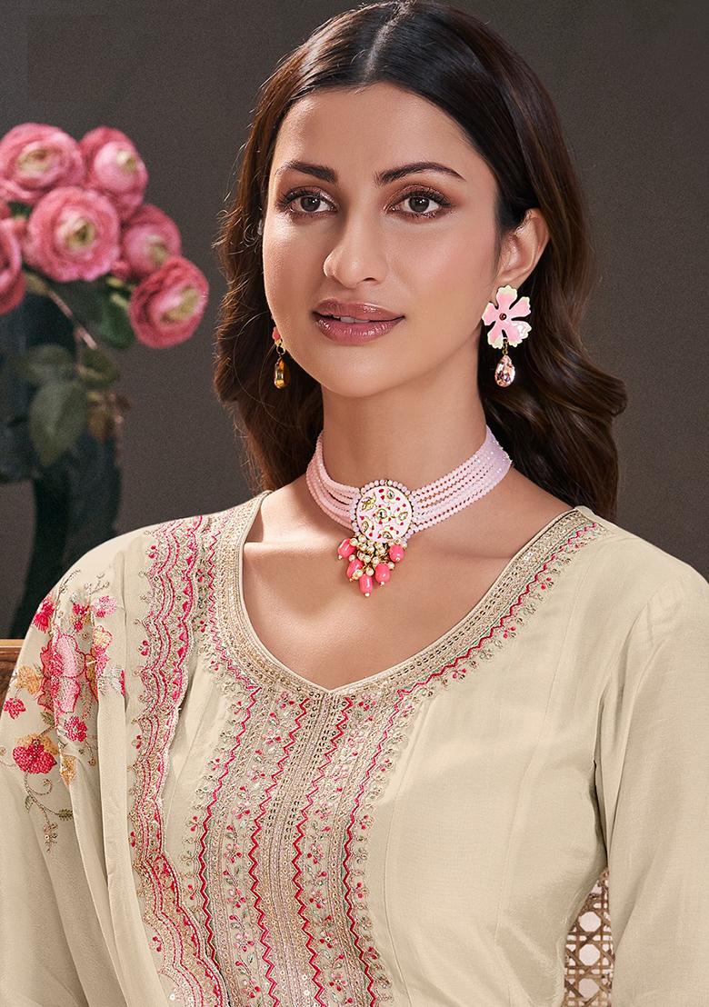 White Embroidered Vichitra Silk Anarkali Set With Dupatta