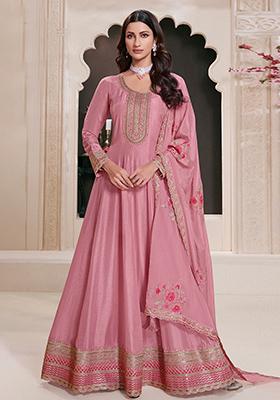 Pink Embroidered Vichitra Silk Anarkali Set With Dupatta