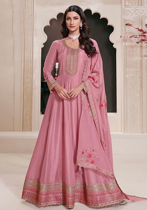 Pink Embroidered Vichitra Silk Anarkali Set With Dupatta