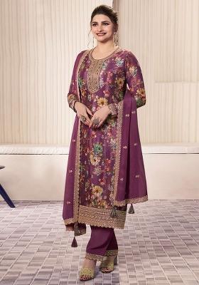 Wine Embroidered Chinnon Silk Pakistani Salwar Kameez With Dupatta