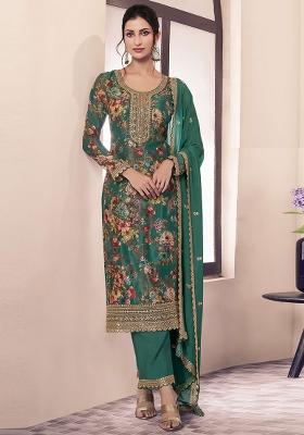 Green Embroidered Chinnon Silk Pakistani Salwar Kameez With Dupatta
