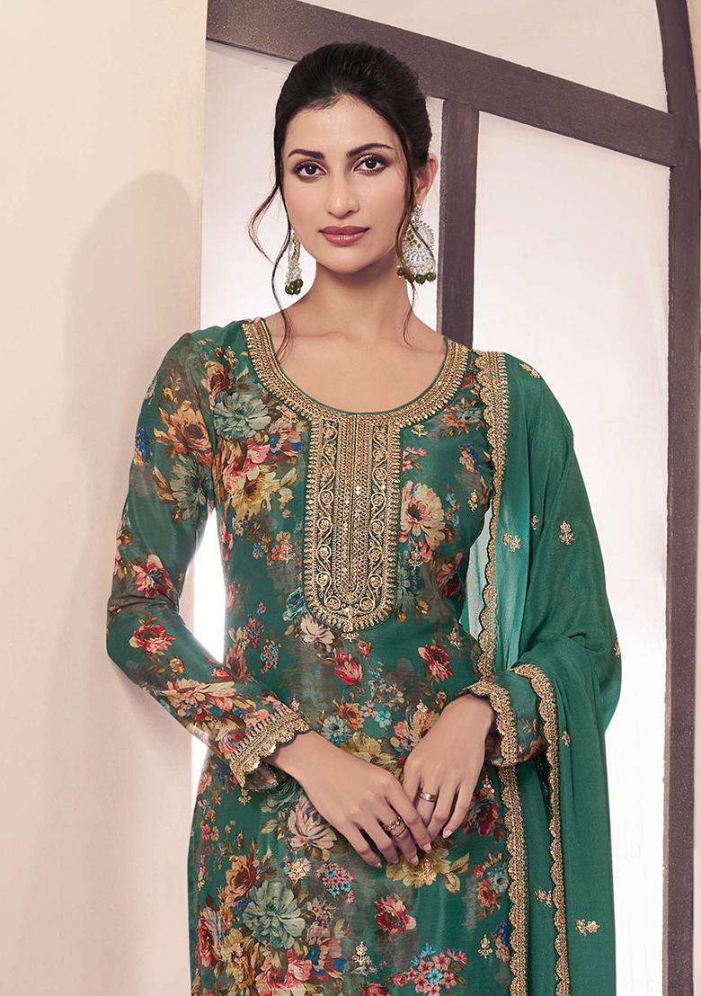 Green Embroidered Chinnon Silk Pakistani Salwar Kameez With Dupatta