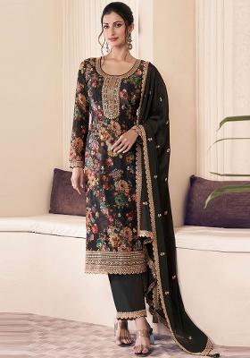 Black Embroidered Chinnon Silk Pakistani Salwar Kameez With Dupatta
