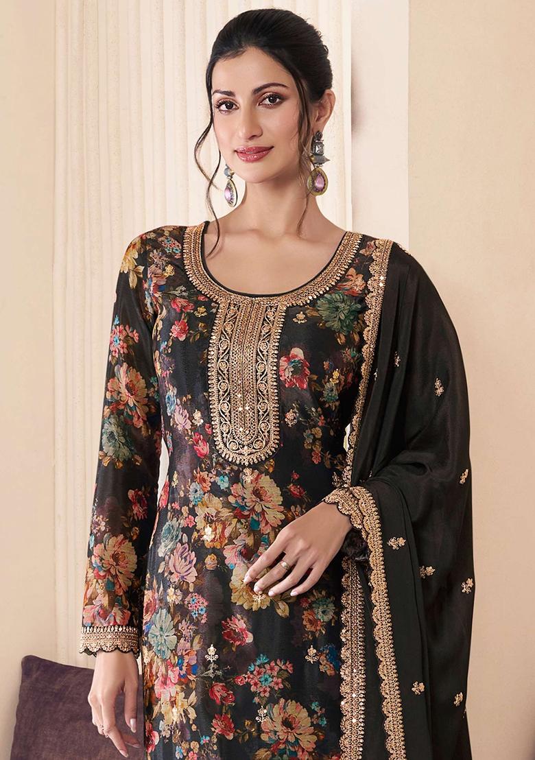 Black Embroidered Chinnon Silk Pakistani Salwar Kameez With Dupatta